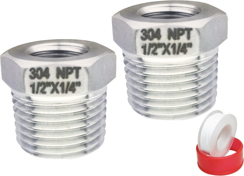 POTONZ 1/2" Male to 1/4" Female NPT Threaded Reducer Hex Bushing 304 Stainless Steel Reducing Adapter Pipe Fitting With Teflon Plumbers Tape(Pack of 2) - Image 1